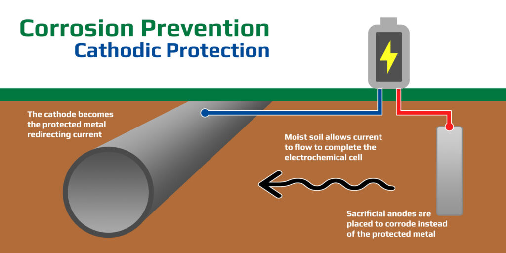 Diagram showing the process of cathodic protection used to prevent corrosion in pipelines.